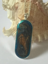 Load image into Gallery viewer, Long Oval Resin Pendant in Blue &amp; Orange/Gold
