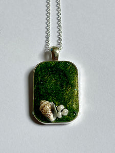 Sea green rectangular pendant with shell and white beads