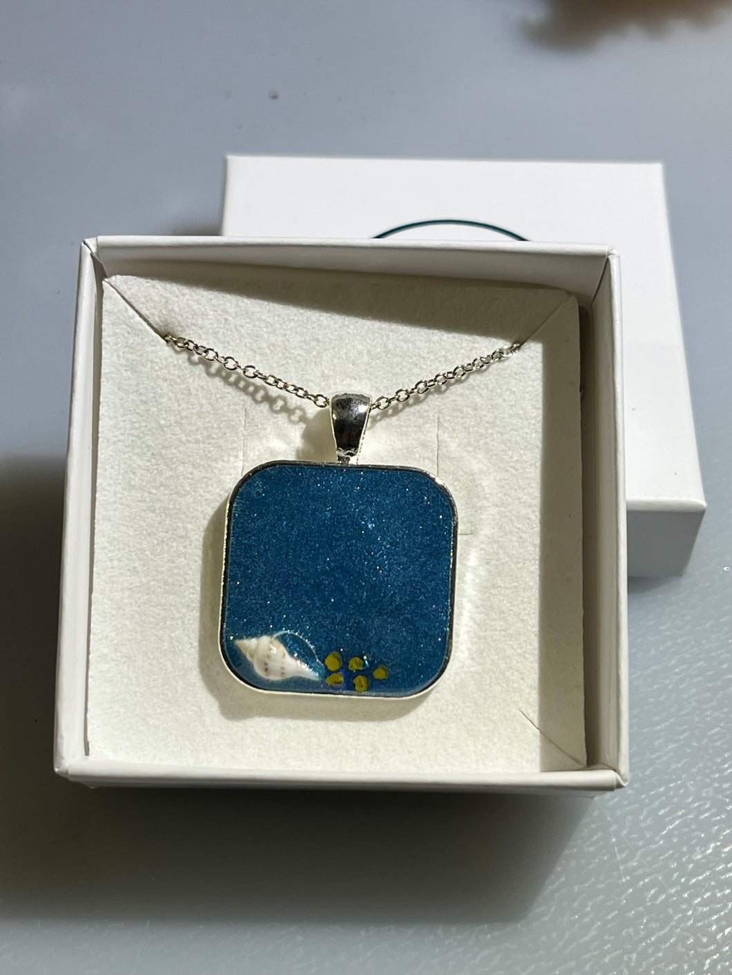 Square Ocean Blue with sea shell pendant