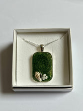 Load image into Gallery viewer, Sea green rectangular pendant with shell and white beads
