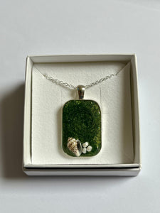 Sea green rectangular pendant with shell and white beads