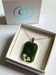 Sea green rectangular pendant with shell and white beads