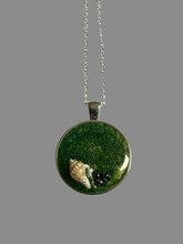 Load image into Gallery viewer, Small round sea green pendant with seashell and grey glass beads
