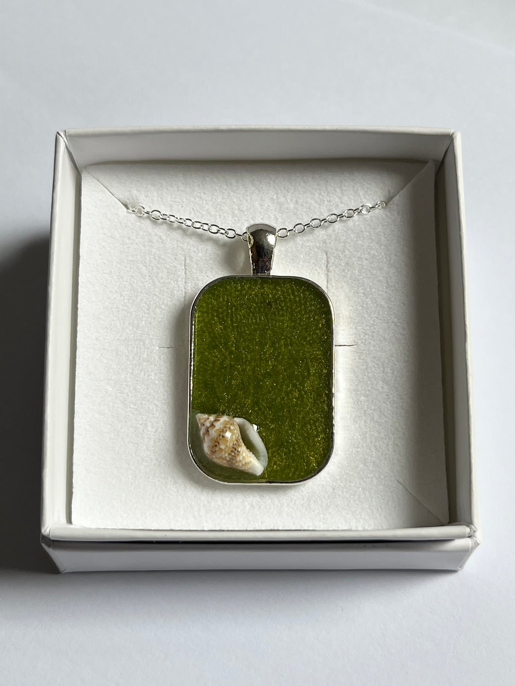 Sea green rectangular pendant with seashell