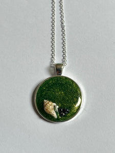 Small round sea green pendant with seashell and grey glass beads