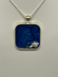 Sea Inspired Jewellery- Medium square pendant in ocean blue with seashell