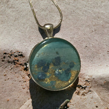 Load image into Gallery viewer, Medium round Pendant in aqua/gold design with clear resin
