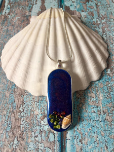 Pendant - Long oval in deep violet / blue with beads and seashell