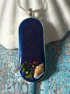 Pendant - Long oval in deep violet / blue with beads and seashell